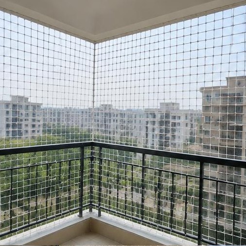 White square mesh safety net fitted around an Indian apartment balcony