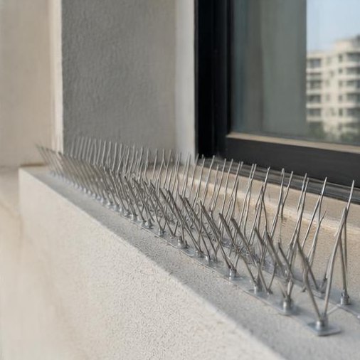 Stainless-steel bird spikes mounted along a window ledge