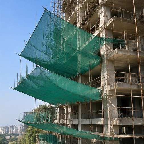 Green construction safety catch nets on building scaffolding