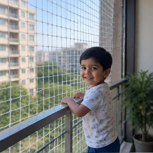 Child inside an apartment balcony enclosed with protective square mesh