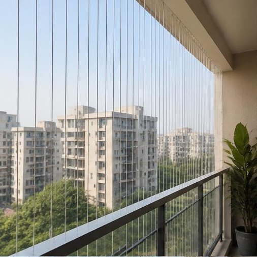Thin vertical stainless-steel invisible grill cables enclosing an apartment balcony