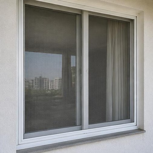Fine mosquito screen mesh fitted in a white apartment window frame