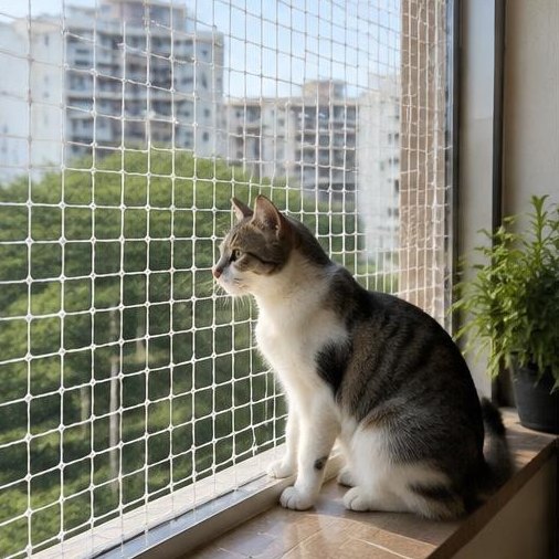 Cat inside a balcony fitted with a pet safety net